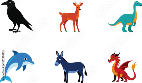 Six cartoon animals including crow deer dinosaur dolphin donkey dragon