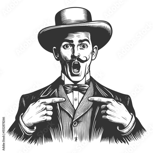 shocked Victorian man with mustache and bowler hat pointing at himself dramatically sketch engraving generative ai fictional character vector illustration. Scratch board imitation. Black and white.