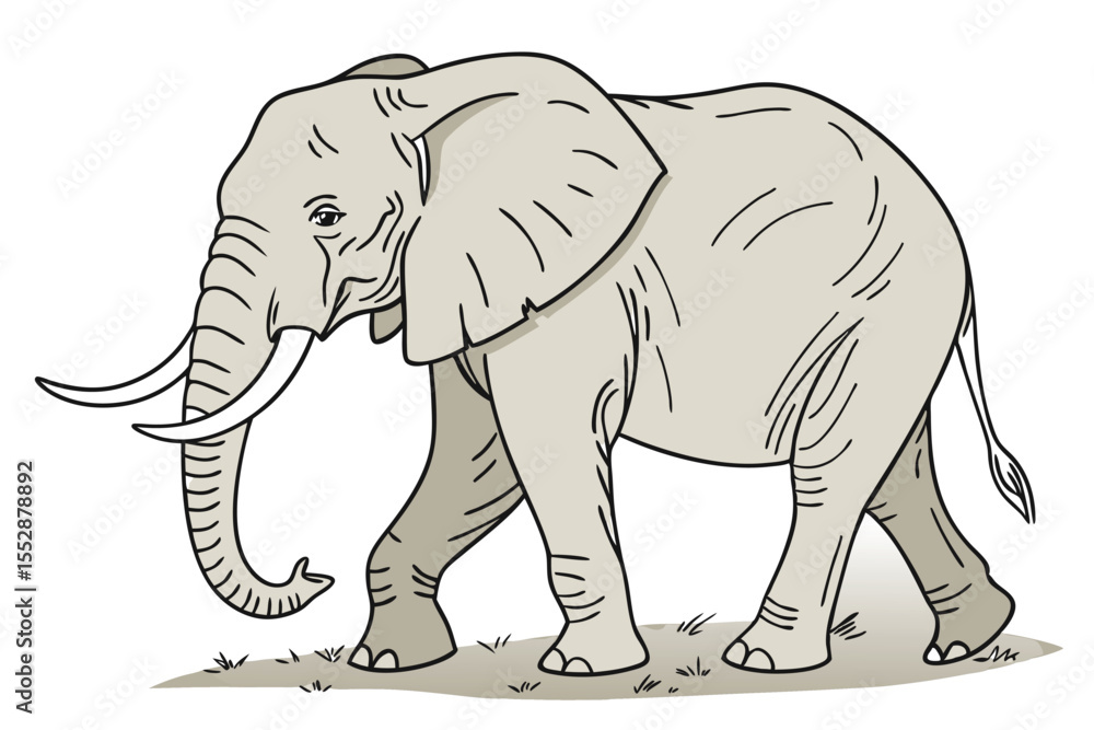 Fototapeta premium Drawn elephant strolls quietly with graceful strides across a simple grassy terrain outdoors