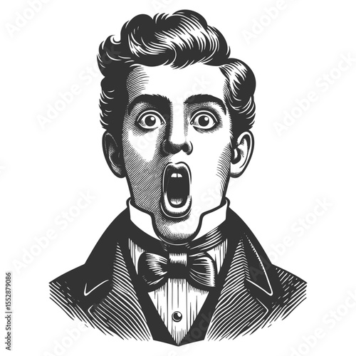 man with wide eyes and puckered lips, expressing shock or amazement in vintage attire sketch engraving generative ai fictional character vector illustration. Scratch board imitation. Black and white.