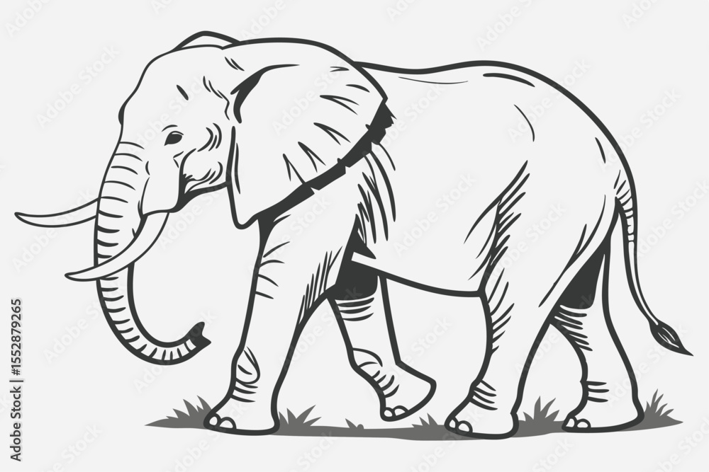 Fototapeta premium Line art depicts a massive elephant walking slowly across the ground in the sunlight