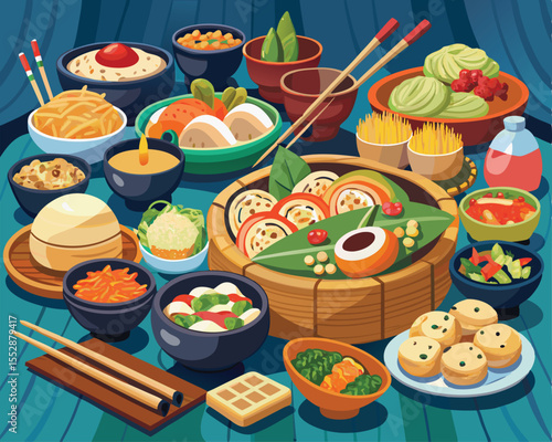 Colorful assortment of authentic Pan Asian dishes vector art food design 