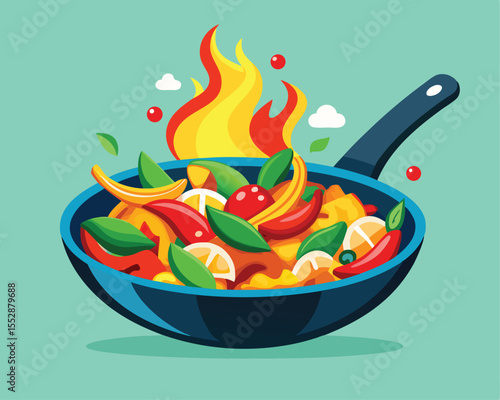 Colorful vegetable and chicken stir fry sizzling on fry pan vector art design 