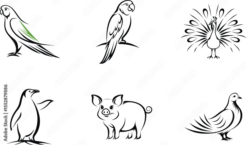 Fototapeta premium Six Stylized Animal Illustrations on White Background