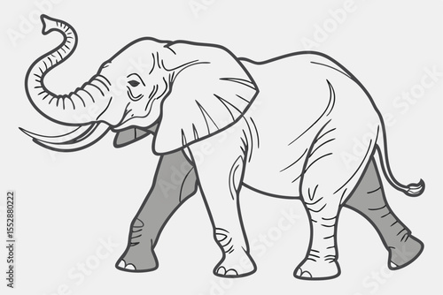 Majestic elephant with curved trunk and detailed skin texture gracefully walks forward smoothly