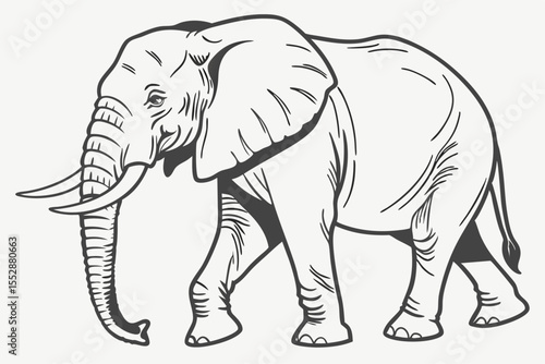Striking line art showcases a majestic elephant walking gracefully with its trunk reaching forward