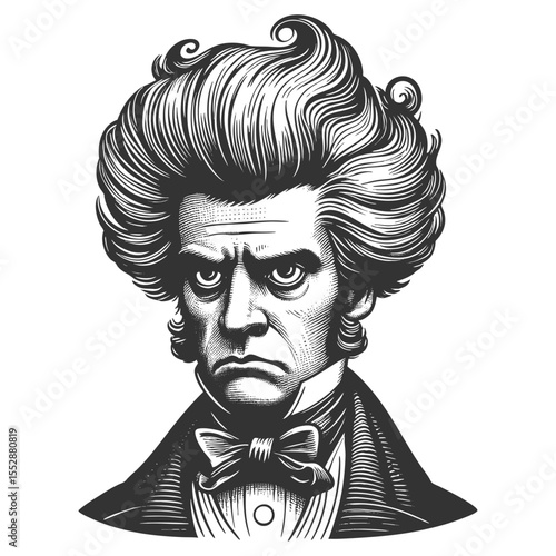 Funny furious man with exaggerated wild hair, intense eyes in vintage attire sketch engraving generative ai fictional character vector illustration. Scratch board. Black and white