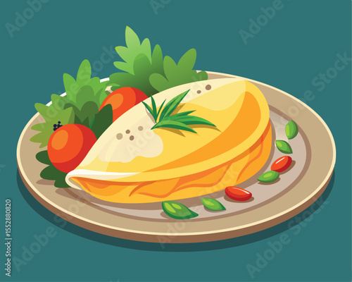 Fluffy omelet filled with fresh vegetables and herbs vector art design 