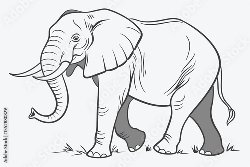 Gray toned line art shows an elephant walking calmly across some tall grass patches
