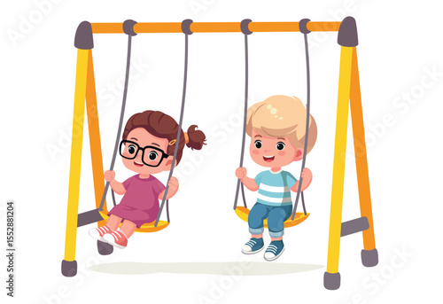 happy cute little kid boy and girl playing on a swing cartoon vector illustration