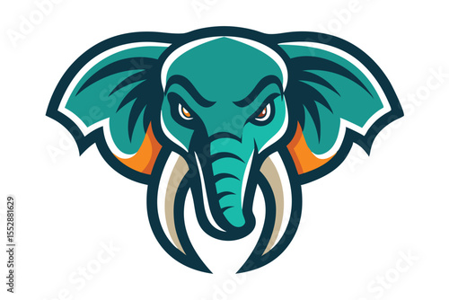 Stylized elephant face illustration features bold outlines and abstract design elements providing artistic simplicity