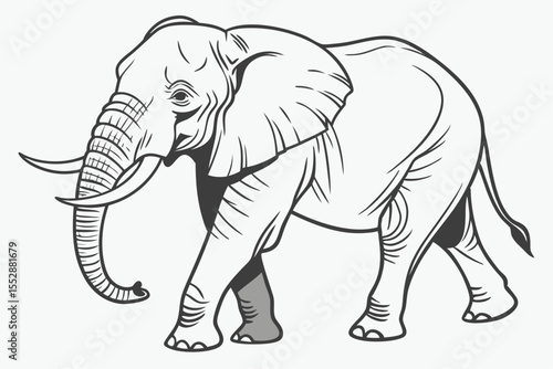 Walking elephant displays detailed line work and majestic form against a light backdrop