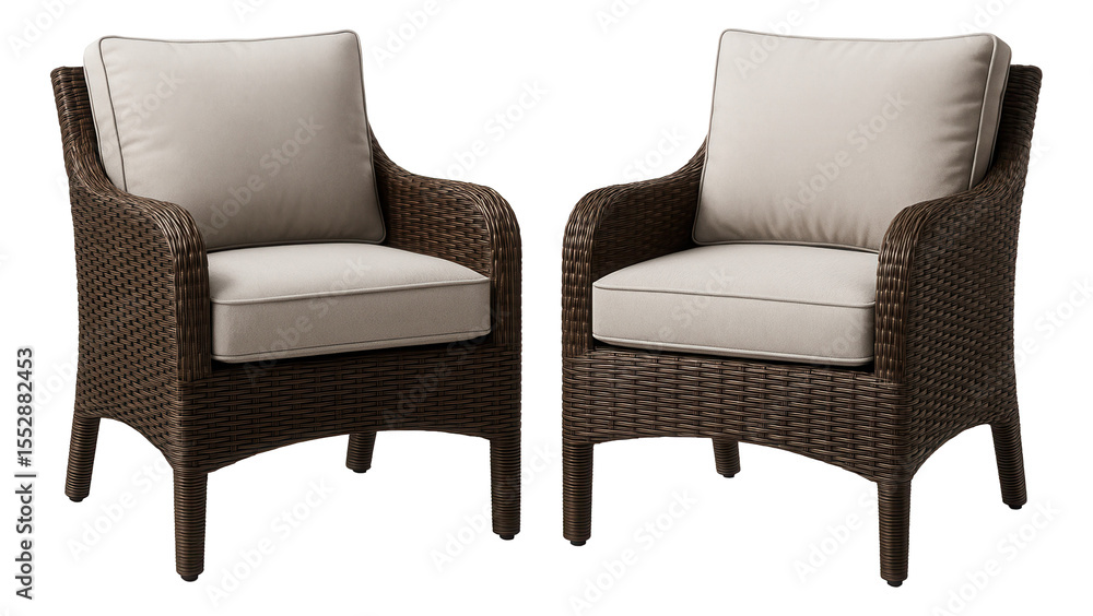 Fototapeta premium A set of weather-resistant wicker chairs with cushions, designed for comfort on a balcony terrace.