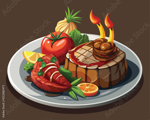 Gourmet surf and turf dish with grilled steak and and foods vector art design 