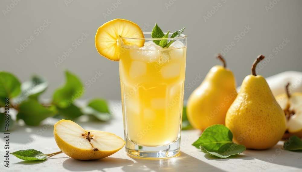 Fototapeta premium a glowing glass of pear juice with fresh pears and leaves, representing hydration and vitamin c benefits.