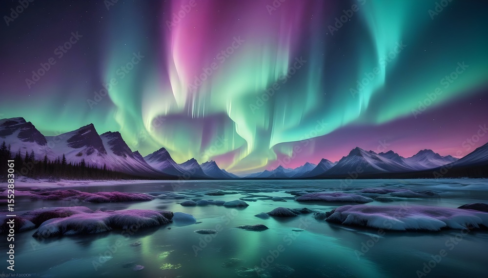 Naklejka premium The aurora borealis illuminates a snowy mountain landscape with vibrant colors at night.