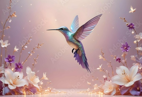 Luxurious 3D hummingbirds adorned with jewel-like wings hovering over a pastel champagne backdrop, embellished with metallic blossoms and delicate light trails,walk art decor