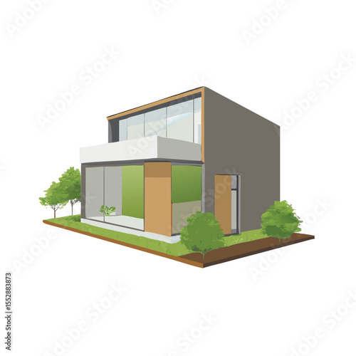 Modern biophilic house exterior surrounded by lush green garden vector art design 