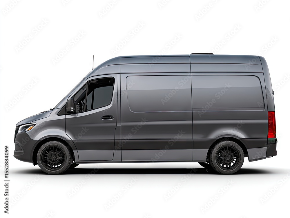 Sleek, dark-grey high-top cargo van with black rims, shown in profile against a white background. The van has a solid, unbranded body and appears new Sleek, dark-grey high-top cargo van with black rims, shown in profile against a white background. The van has a solid, unbranded body and appears new