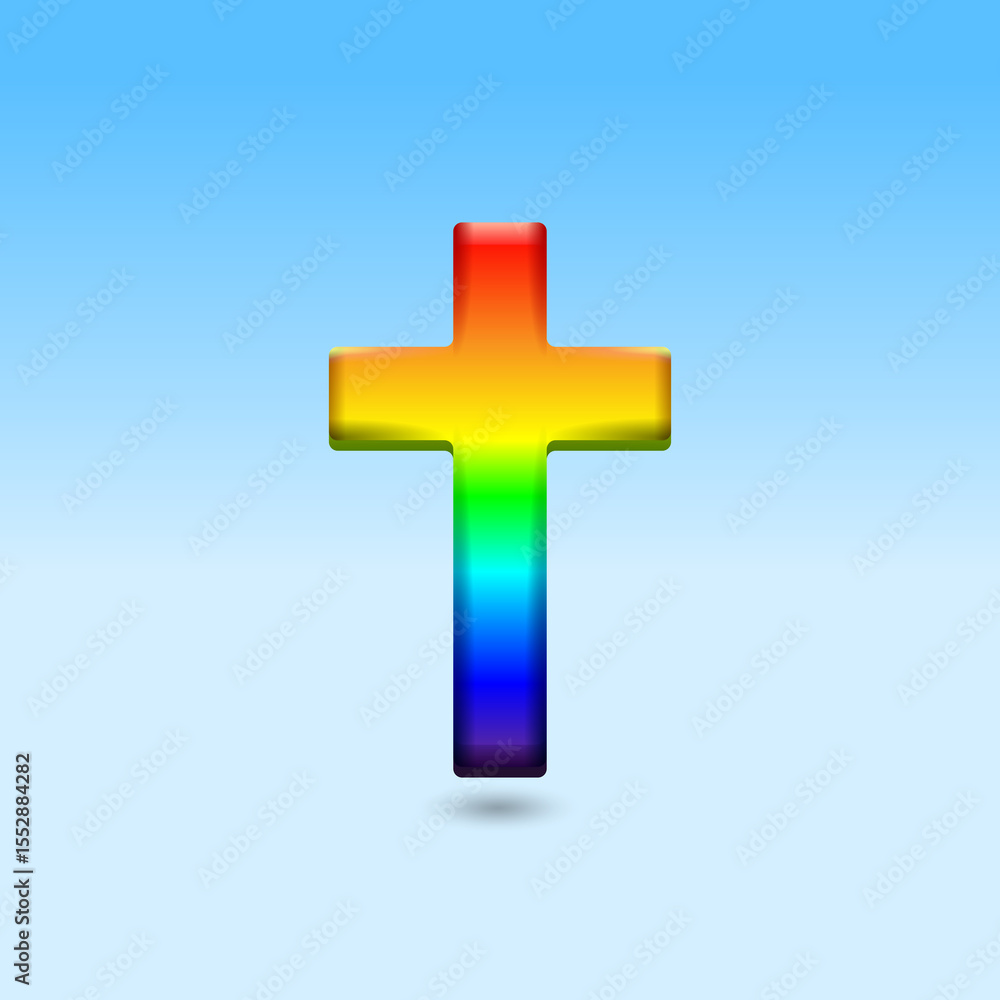 Obraz premium Front view of rainbow gradient cross on blue background — vector icon