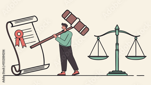 Man holds large gavel next to scroll of regulations, symbolizing justice and law