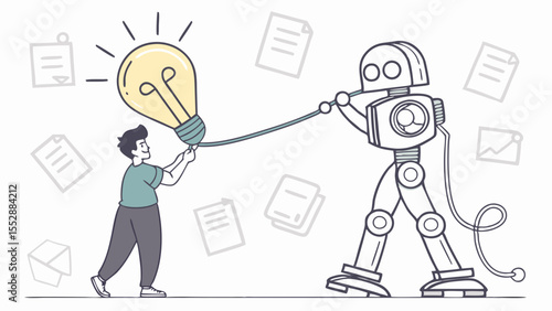 Man connects robot and light bulb together, showcasing creativity and innovation