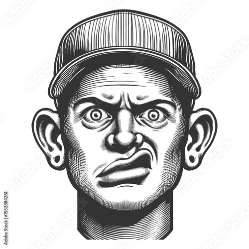 man wearing a cap and making a puzzled, exaggerated facial expression with wide eyes sketch engraving generative ai fictional character vector illustration. Scratch board. Black and white image.