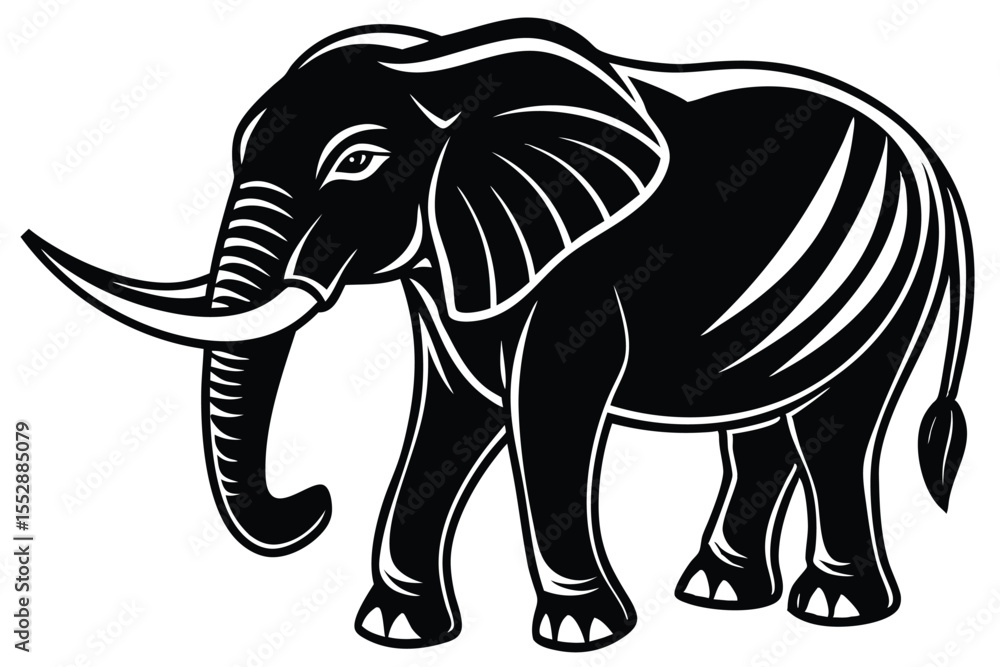 Fototapeta premium Black and white stylized elephant with tusks is standing with its trunk curved down