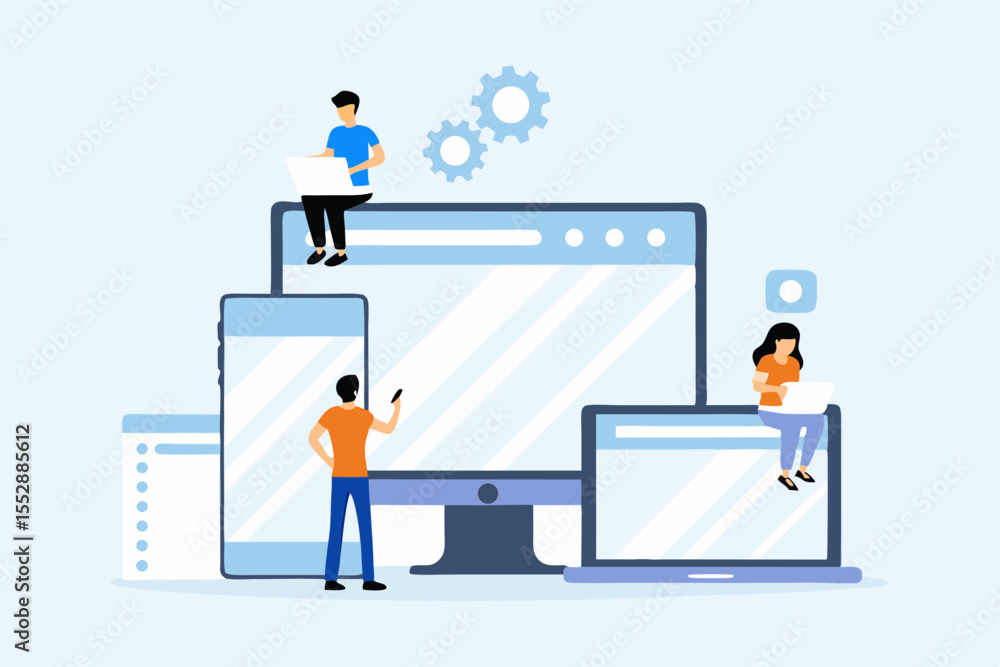 Business developer team working on device monitor concept. Flat vector illustration cartoon design Business developer team working on device monitor concept. Flat vector illustration cartoon design