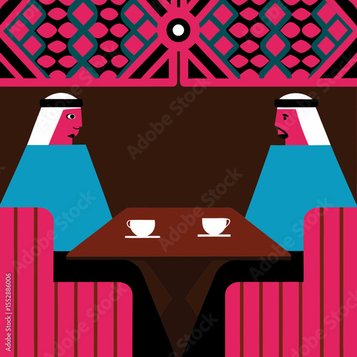 Business partners in keffiyehs and thobes negotiating over coffee, blending tradition, hospitality, and professional ambition.