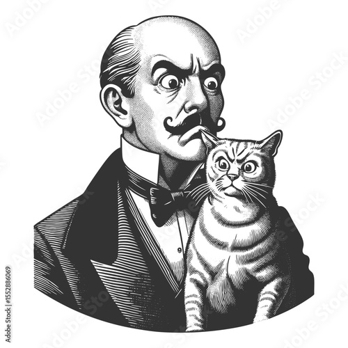 man with a curled mustache holding a startled cat, both wearing confused expressions sketch engraving generative ai fictional character vector illustration. Scratch board. Black and white image.