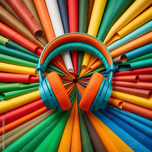Colorful Headphones on Multicolored Paper Tubes Background