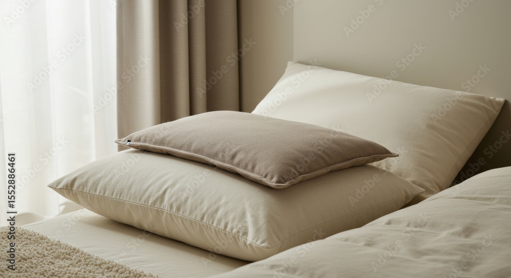 Obraz premium Soft pillows arranged on a bed with neutral toned bedding 