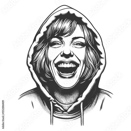 joyful young woman wearing a hoodie, laughing heartily with eyes closed in a carefree moment sketch engraving generative ai fictional character vector illustration. Scratch board. Black and white.
