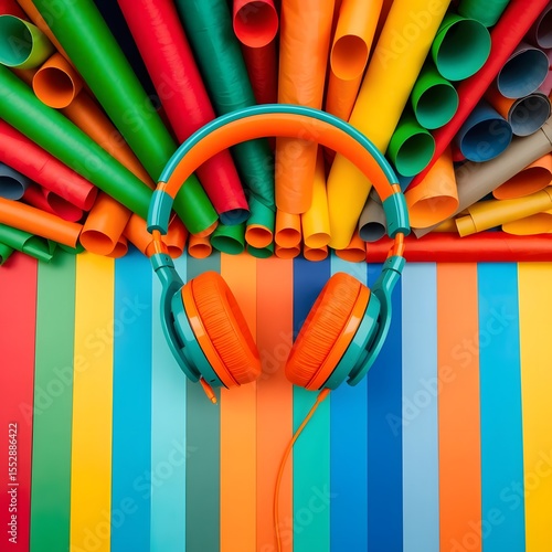 Colorful Headphones with Rainbow Pipe Background