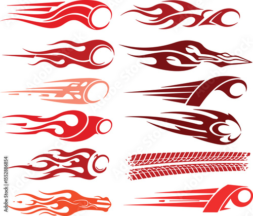 Collection of dynamic red tribal flame and speed racing stripe decals for vehicles and sports equipment