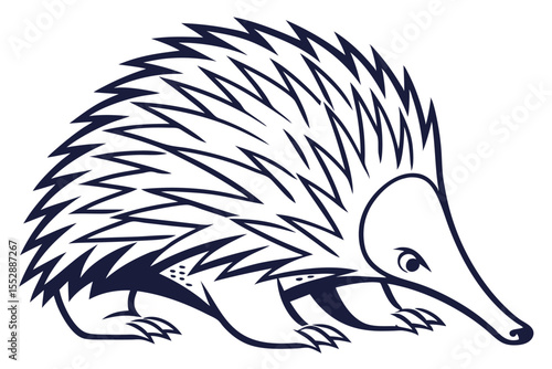 Monochromatic echidna quilled mammal with sharp spines and distinctive snout is illustrated simply