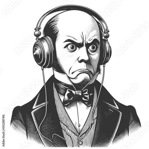 Victorian gentleman in formal attire, humorously wearing modern headphones with a shocked expression sketch engraving generative ai fictional character vector. Scratch board. Black and white.
