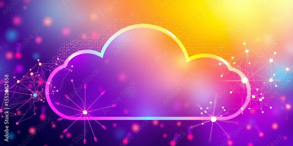 Fototapeta premium Abstract cloud-shaped banner with data streams and nodes, vibrant color gradients, digital, processing
