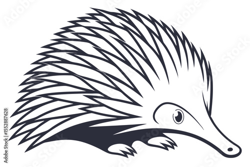Stylized echidna portrait in dark monochrome lines depicts unique, isolated Australian wildlife