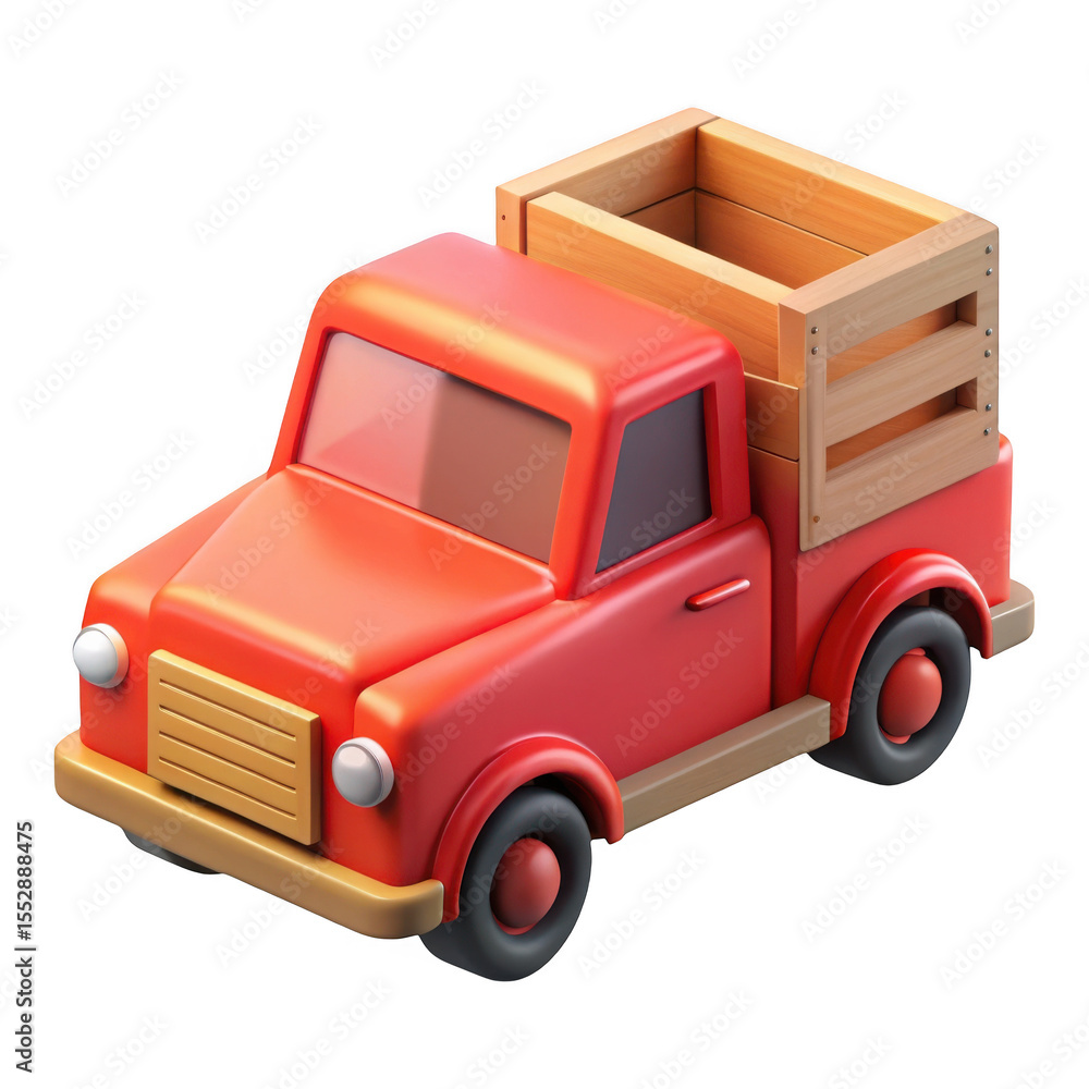 3d cartoon red pickup truck with wooden crate isolated on transparent background 3d cartoon red pickup truck with wooden crate isolated on transparent background