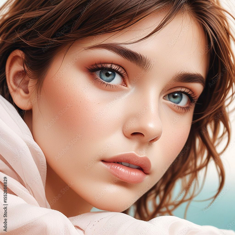 Fototapeta premium Fantasy woman portrait, digital art beauty, blue eyes girl illustration, elegant female artwork