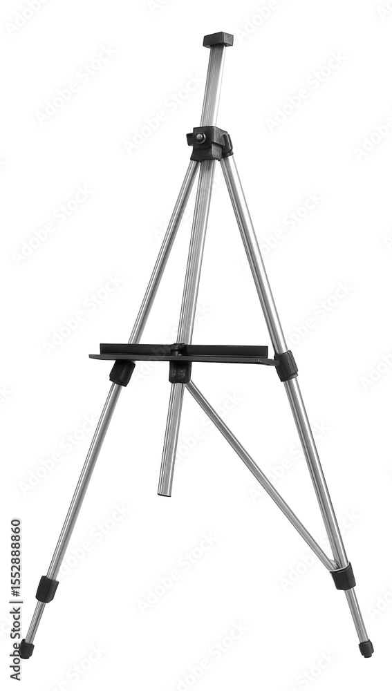 A freestanding easel made from lightweight aluminum, adjustable for various canvas sizes, ideal for a painting room. A freestanding easel made from lightweight aluminum, adjustable for various canvas sizes, ideal for a painting room.