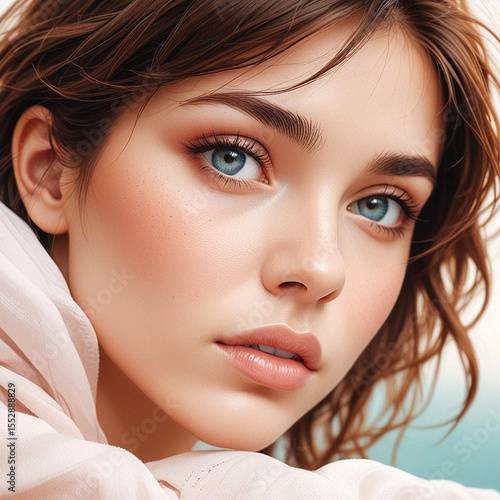 Fantasy woman portrait, digital art beauty, blue eyes girl illustration, elegant female artwork