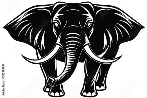 Majestic black elephant with huge tusks stares directly at the viewer in stark detail