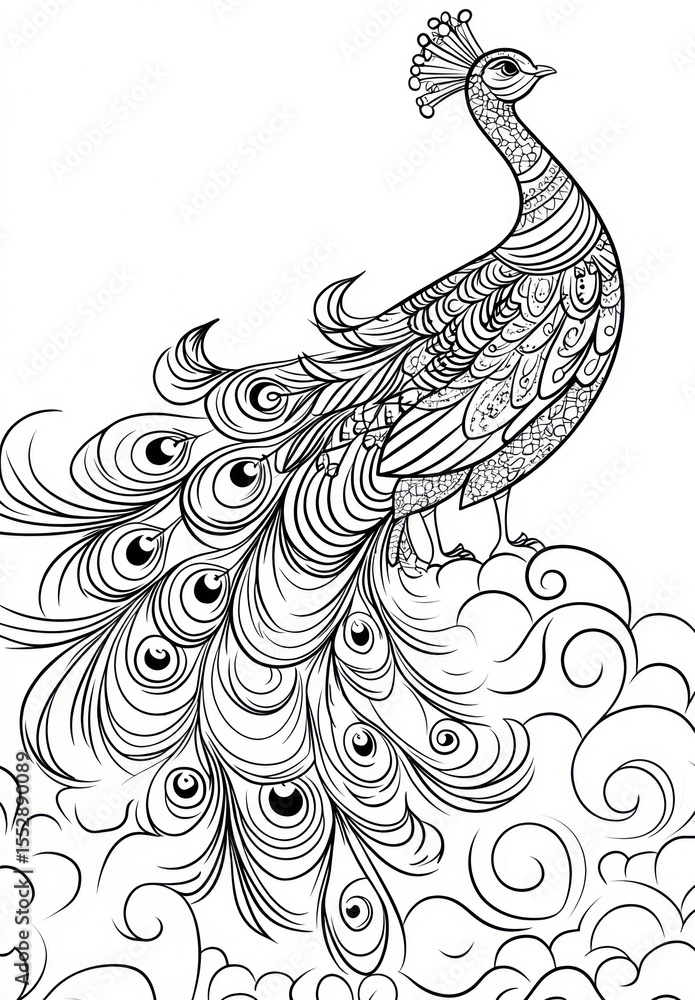 Fototapeta premium Ornate peacock coloring page, intricate design, whimsical clouds, art print