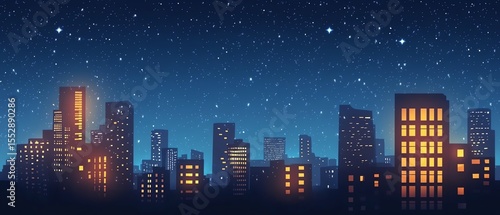 City skyline illuminated at night under stars.