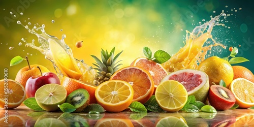 Fototapeta Naklejka Na Ścianę i Meble -  Fresh tropical fruits splashing juice on a colorful background