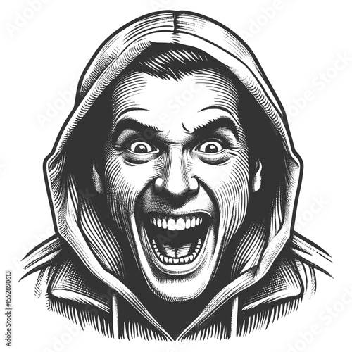 man in a hoodie with a wide open mouth, expressing intense excitement or rage sketch engraving generative ai fictional character vector illustration. Scratch board imitation. Black and white image.