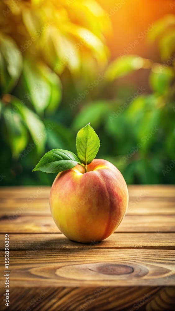 Softly glowing peach with yellow skin and green stem Softly glowing peach with yellow skin and green stem